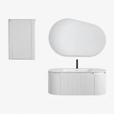 Conjunto De Móveis De Casa De Banho Em Madeira Com Lavatório Integrado Carsone Branco & Branco & Oval Led E Anti-embaciamento 120x80 Cm Riben - Sklum
