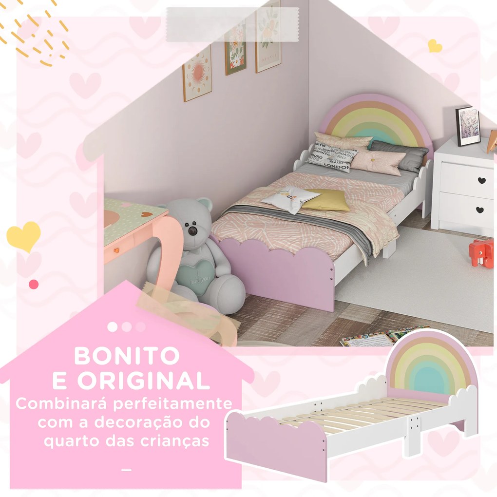Cama para Crianças de 3-6 Anos 143x74x66 cm (COLCHÃO NÃO INCLUIDO) Cama Infantil de Madeira em Forma de Arco Íris Rosa