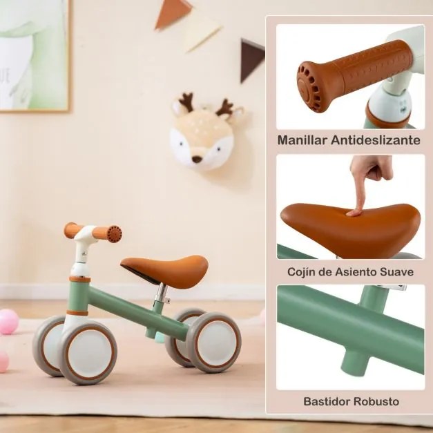 Bicicleta de equilíbrio para bebés de 1 a 3 anos com guiador e assento ajustáveis Brinquedo sem pedais para passear Verde
