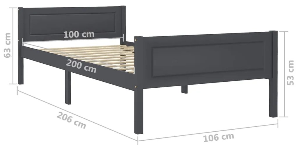 Estrutura de cama 100x200 cm madeira pinho maciço cinzento
