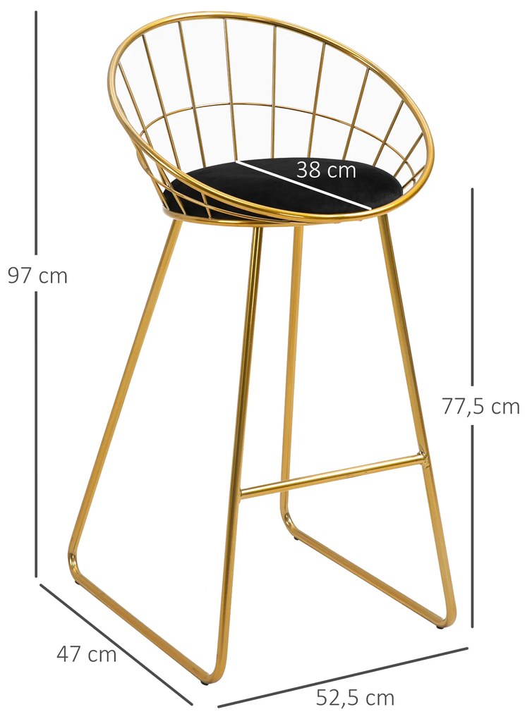 Conjunto de 2 Bancos Altos de Cozinha com Assento em Tecido Cadeiras Acapulco com Encosto e Apoio para Pés 53x47x97 cm Dourado