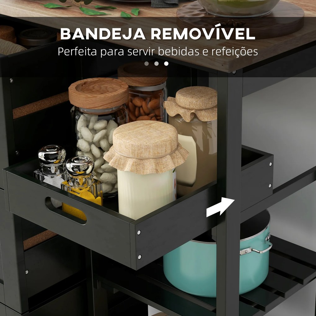 Carrinho de Cozinha com Rodas com 3 Gavetas 2 Prateleiras Abertas e Bandeja 67x37x85,5 cm Preto