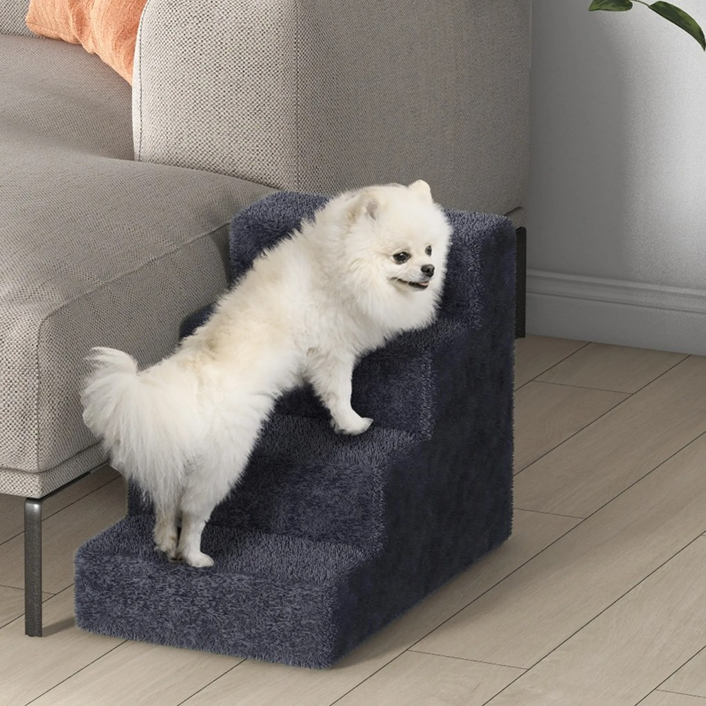Escada para Animais de Estimação com 4 Degraus Capa Removível e Lavável Escada para Cães Gatos 60x35x44 cm Cinza Escuro