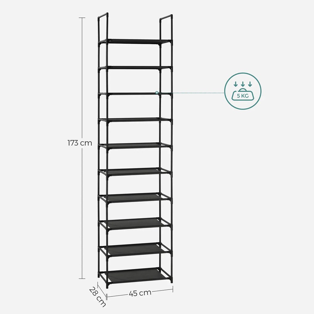 Sapateira com 10 níveis 45 x 28 x 173 cm preto