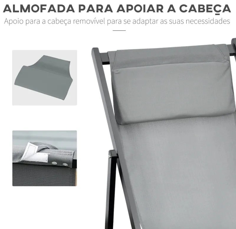 Conjunto de 2 Espreguiçadeiras Dobráveis com Encosto Reclinável - Cinz