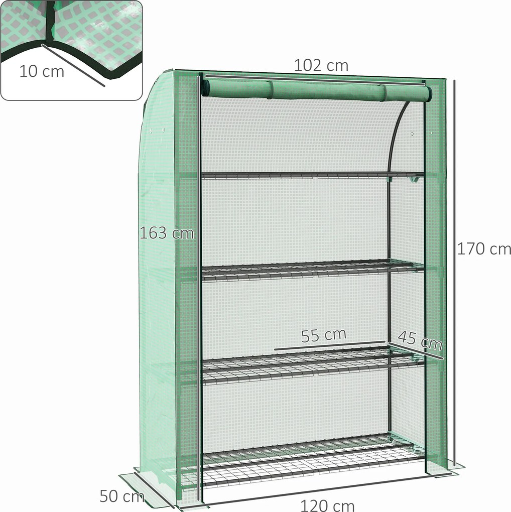 Mini estufa de jardim 120 x 50 x 170 cm de 4 andares com lona de PE reforçada, porta enrolável e prateleiras verde