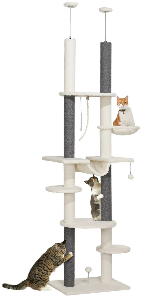 Arranhador para Gatos do Chão ao Teto 225-255 cm  com 7 Níveis Rede Plataformas Postes de Arranhar Creme e Cinza