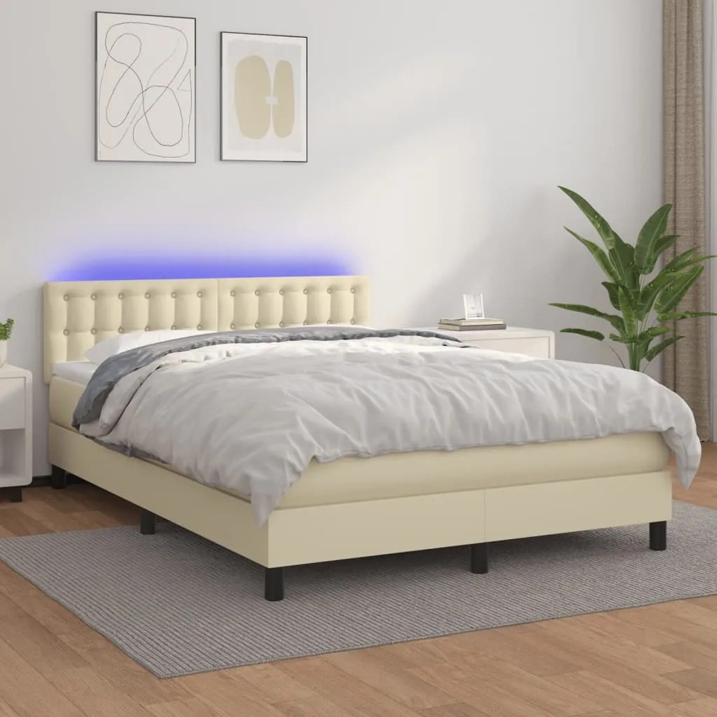 vidaXL Cama box spring c/ colchão/LED 140x200cm couro artificial creme