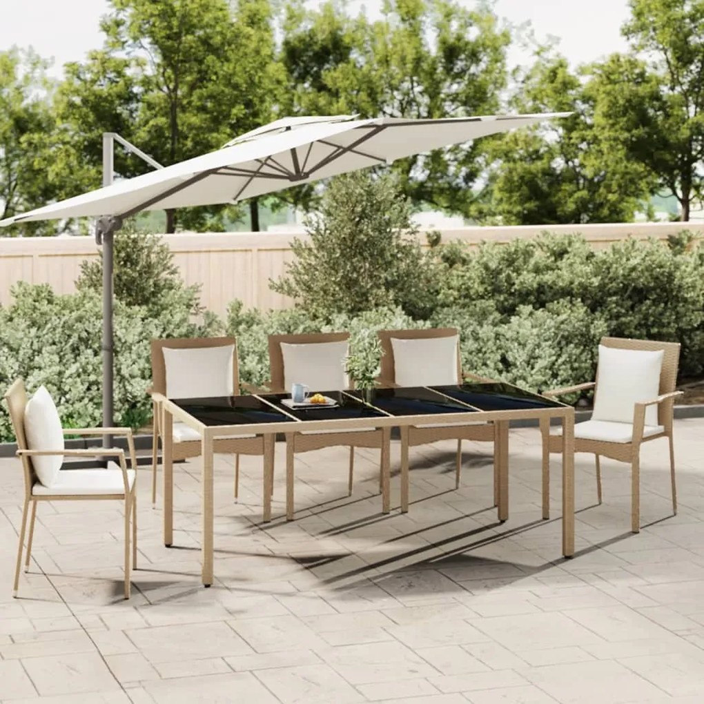 319556 vidaXL Mesa de jardim c/ tampo de vidro vime PE/vidro temperado bege