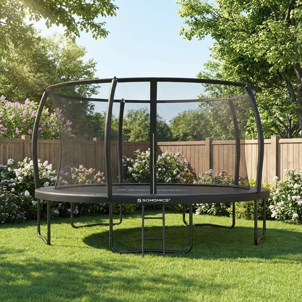 Trampolim de 427 cm de diâmetro com rede de segurança e varas curvas, preto