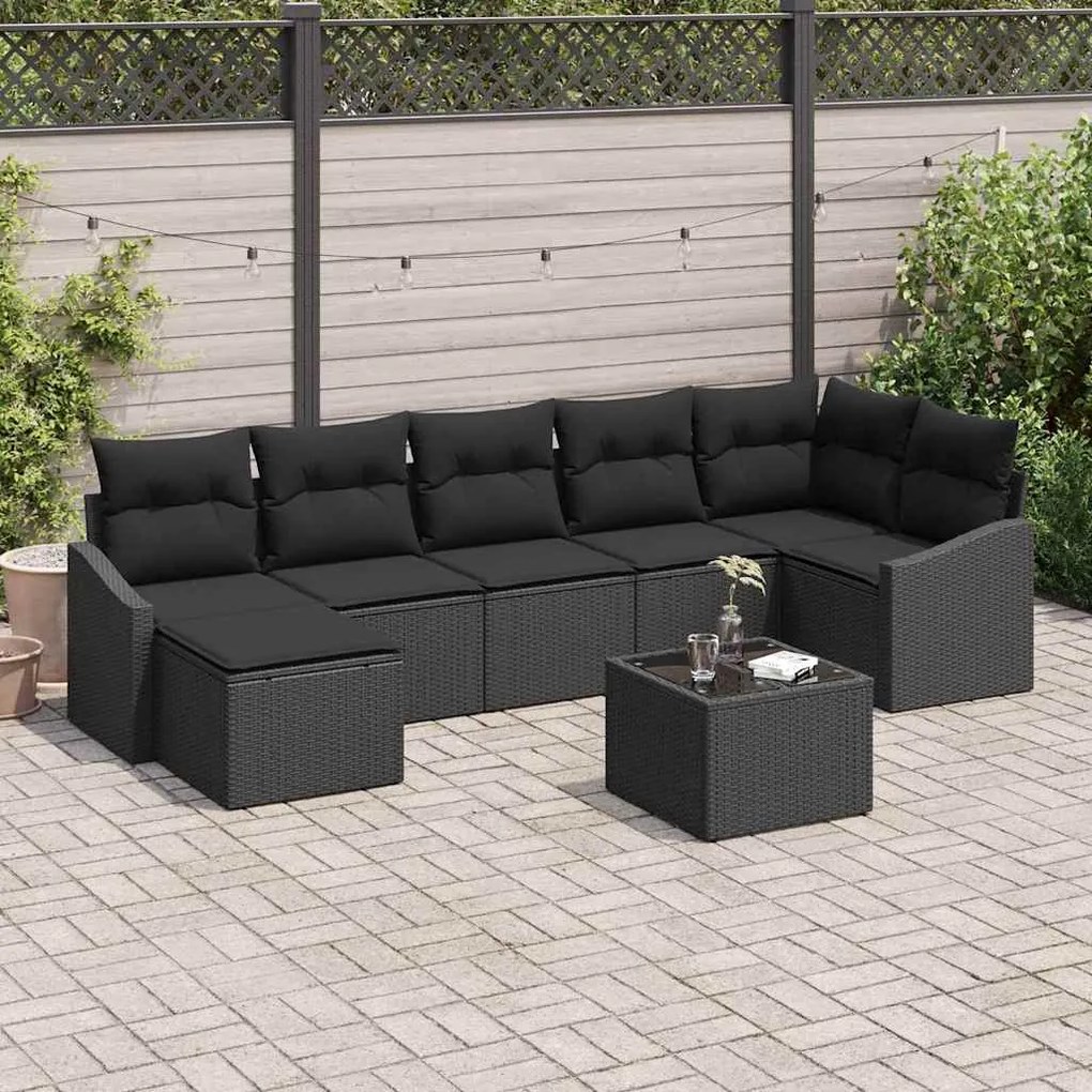 vidaXL Conjunto de Sofá de Jardim com almofada 8 pcs Preto vime PE