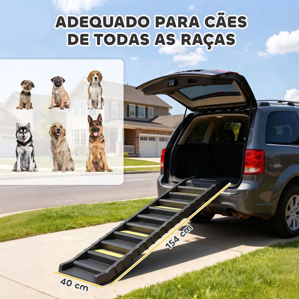 Rampa para Cães Dobrável 154 cm Rampa para Cães para Carro e Cama com 10 Degraus Antideslizantes Suporta até 68kg Preto