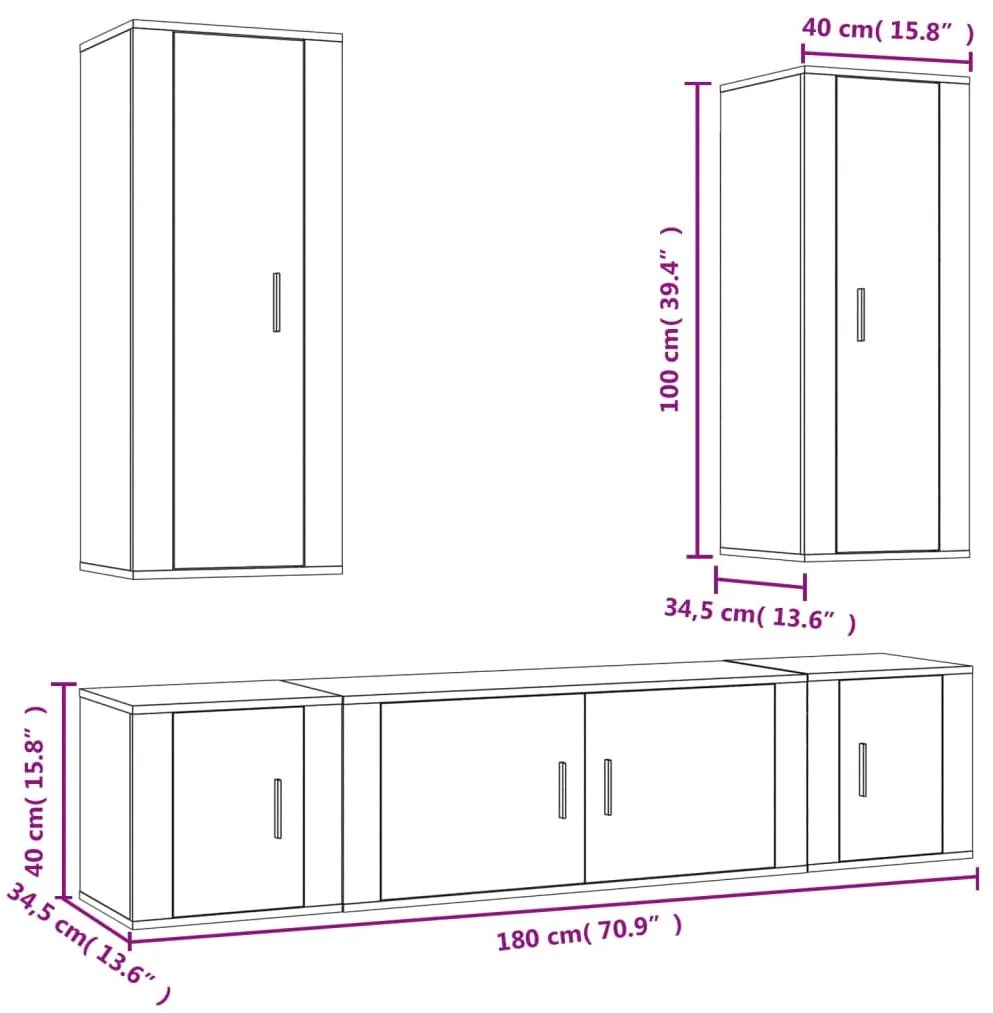 5 pcs conjunto móveis de TV madeira processada branco brilhante