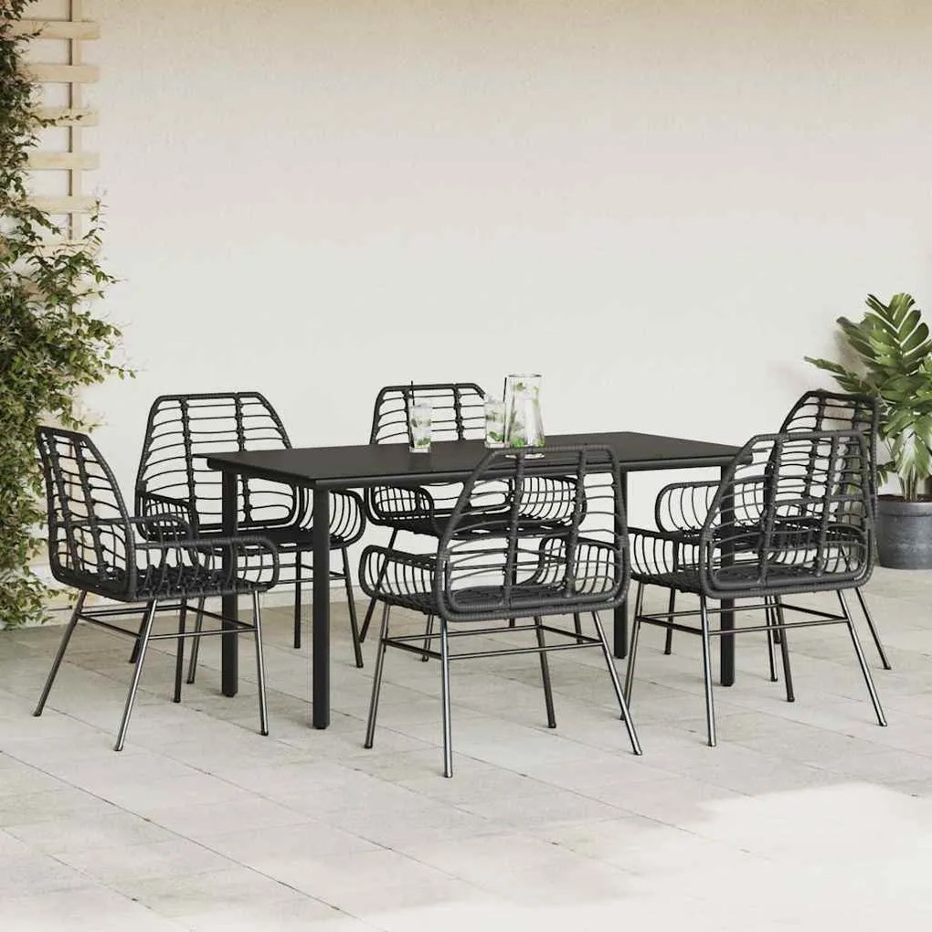 Conjunto de jantar jardim 7 peças vidro vime PE preto