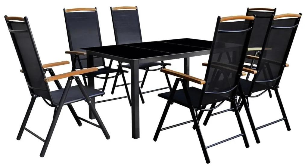 7 pcs conjunto jantar exterior c/ cadeiras dobráveis al. preto