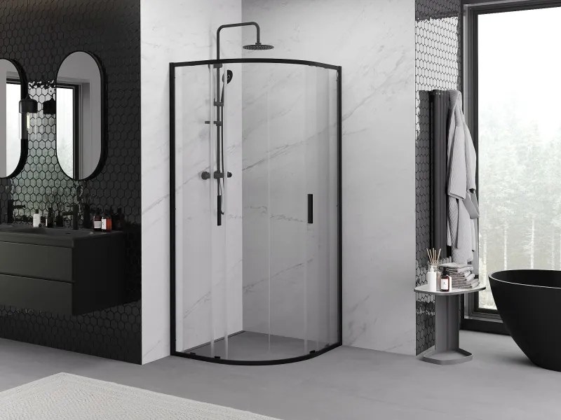 Mexen Exo-S Duo cabine de duche semicircular deslizante 90 x 90 cm, transparente, preta - 8132-090-090-70-00