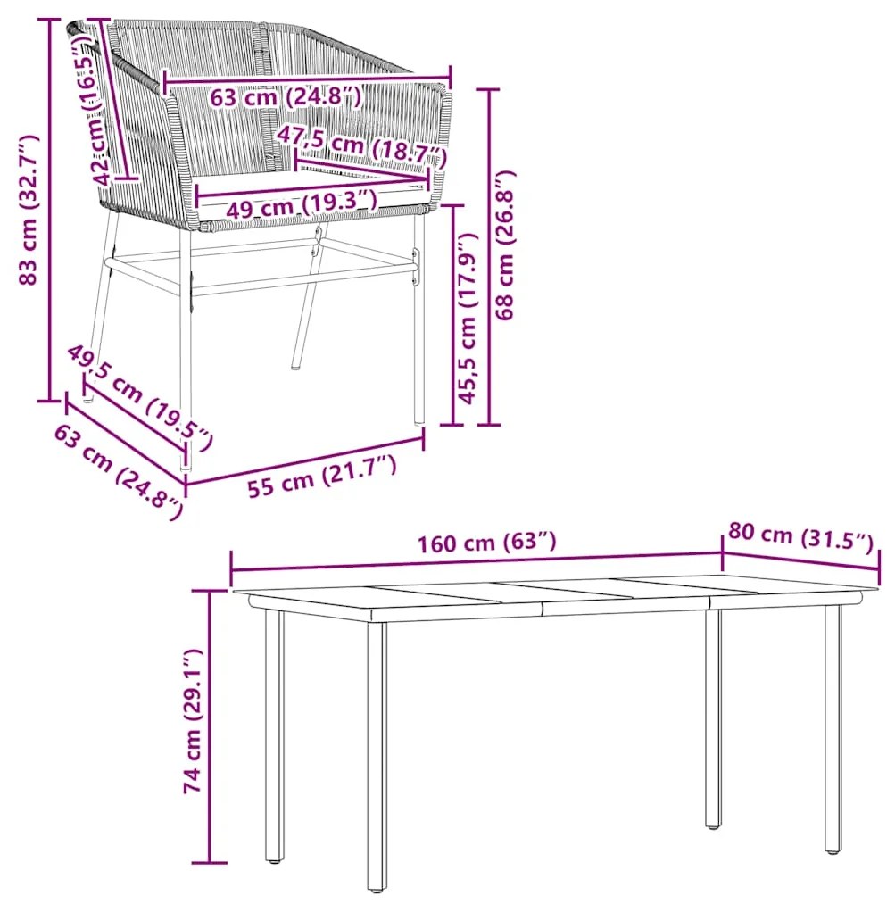 Conjunto jantar jardim 5 peças almofadas vidro vime cinzento PE