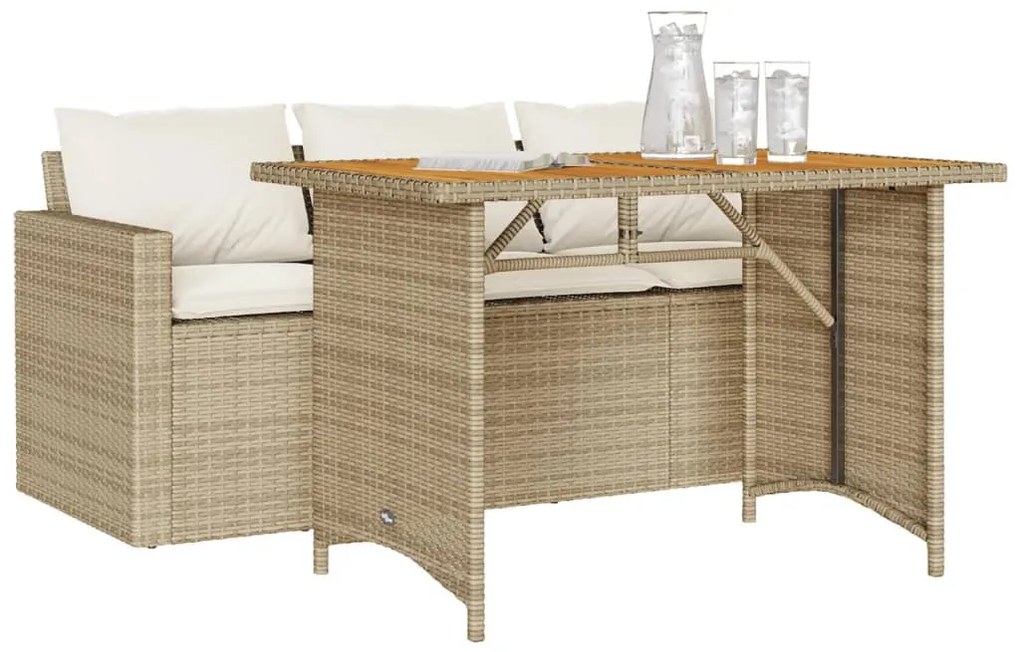 2 pcs conjunto de jantar p/ jardim com almofadões vime PE bege