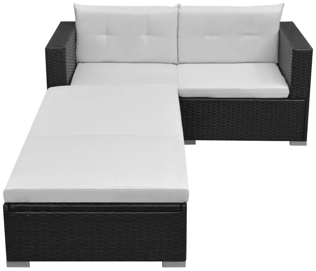 3 pcs conjunto lounge de jardim c/ almofadões vime PE preto