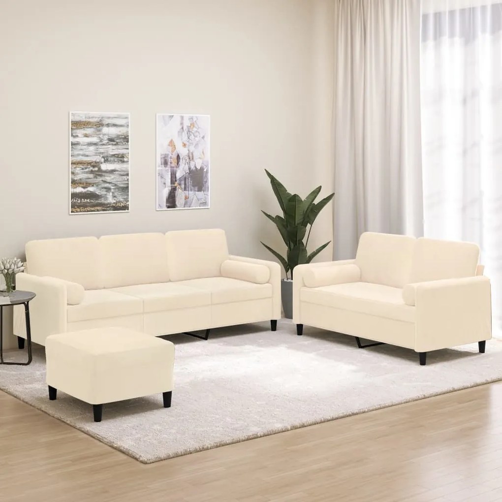 vidaXL 3 pcs conjunto sofás c/ almofadas/almofadões veludo cor creme