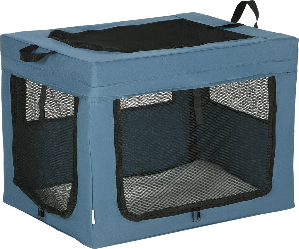 PawHut Caixa Transporte Portátil Dobrável 3 Portas Almofada Confortável Segurança Conforto 69x51x51cm Azul | Aosom Portugal