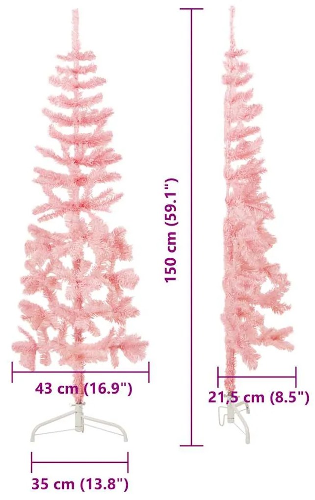 Meia árvore de Natal fina com suporte 150 cm rosa