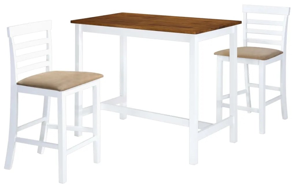 vidaXL Mesa e cadeiras de bar 3 pcs madeira maciça castanho e branco