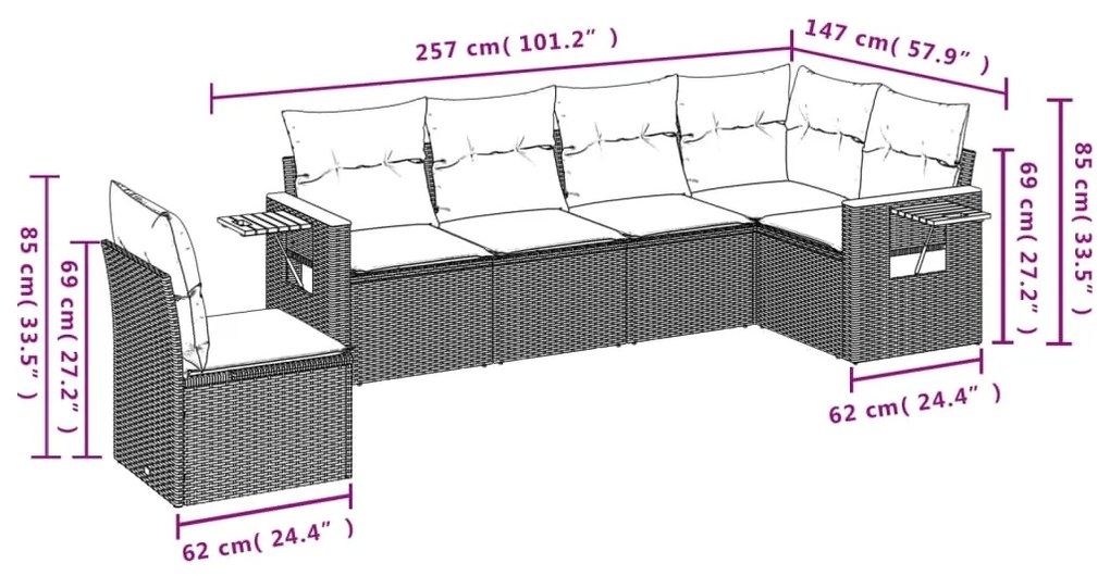 6 pcs conjunto de sofás p/ jardim com almofadões vime PE bege
