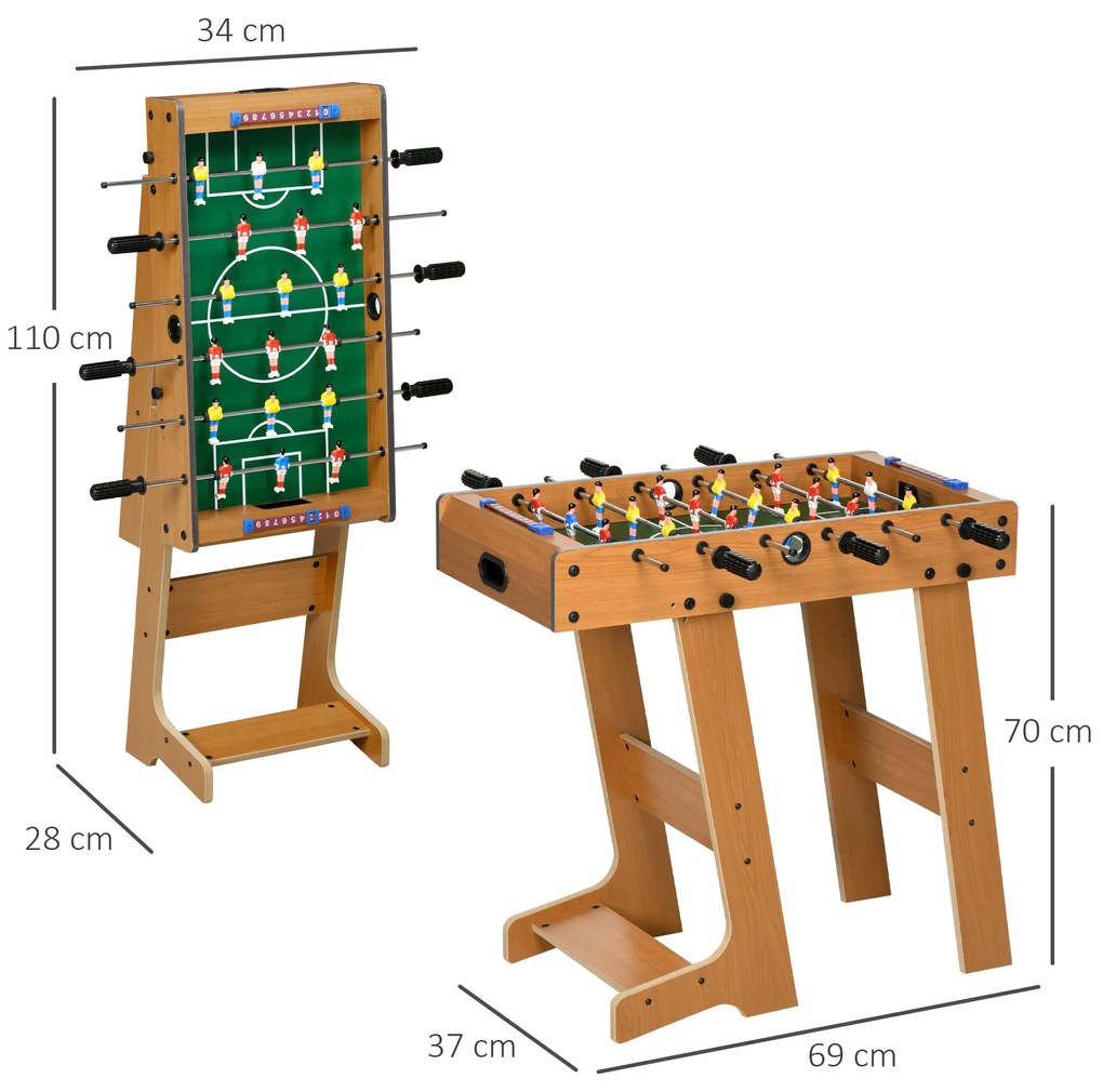 HOMCOM Mesa de Matraquilho para Crianças e Adultos Matraquilho 69x37x70cm com 2 Bolas 6 Hastes Metálicas 2 Placares de Pontos 18 Jogadores Pés Dobrável para Familias Festas Madeira