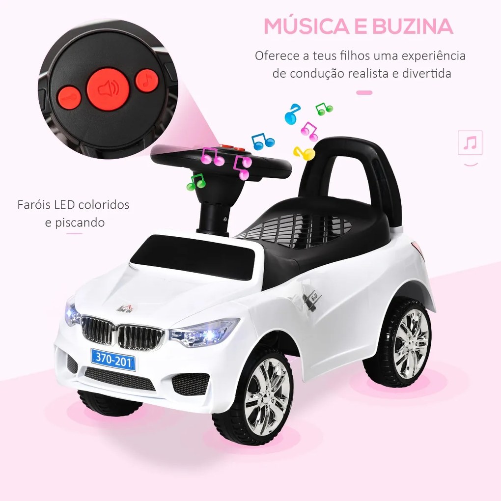 Carro Andador para Crianças de 18-36 Meses com Faróis Música Buzina Volante Compartimento de Armazenamento e Alça para Empurrar 63,5x28x36 Branco