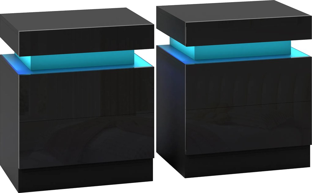 HOMCOM Conjunto 2 Mesas de Cabeceira LED 16 Cores e 4 Modos com 2 Gavetas, em Madeira, 45x35x52 cm, Preto | Aosom Portugal