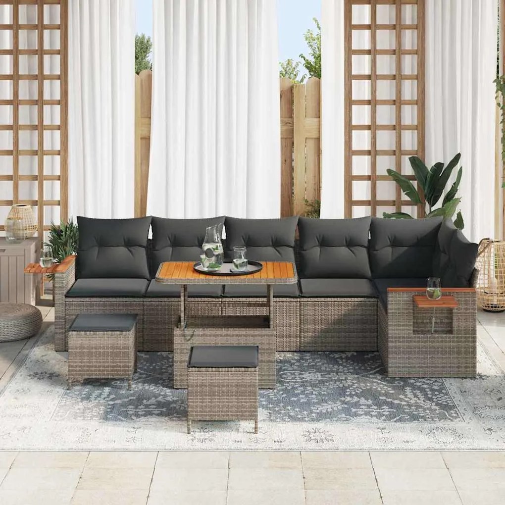 Conjunto de Sofá de Jardim vidaXL com Almofadas Cinza Poliratan Acácia