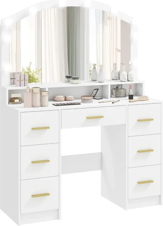 Toucador maquilhagem com 10 Luzes LED de 3 Cores 110x40x150 cm com Espelho 7 Gavetas 3 Compartimentos Moderno Branco