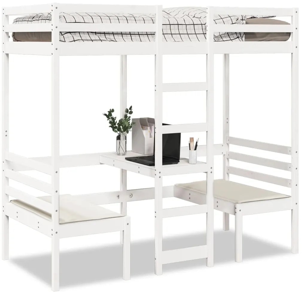 Cama alta c/ secretária/cadeiras 80x200 cm pinho maciço branco