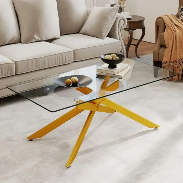 Mesa de centro 120 x 60 x 45,5 cm retangular com tampo de vidro e pernas tubulares modernas para sala de estar transparente e dourada