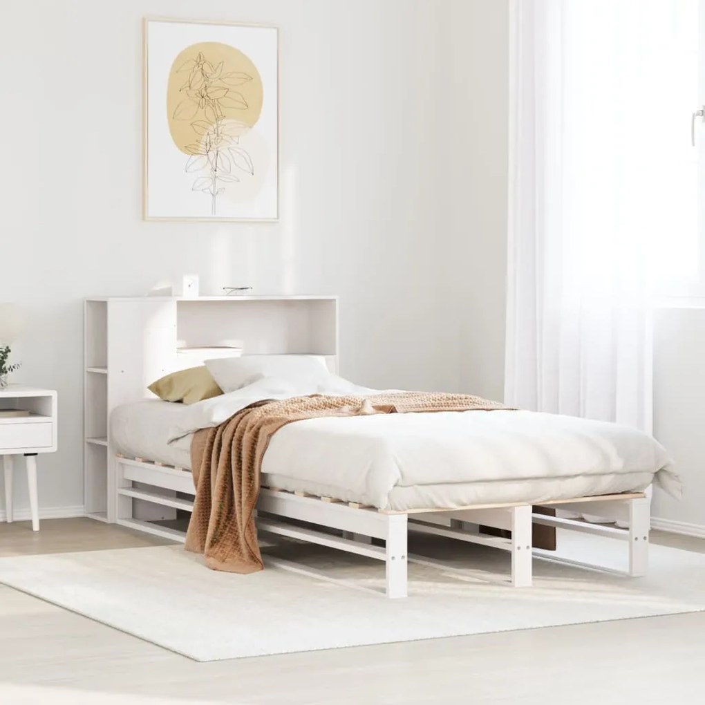 Cama com estante sem colchão 100x200 cm madeira maciça branco