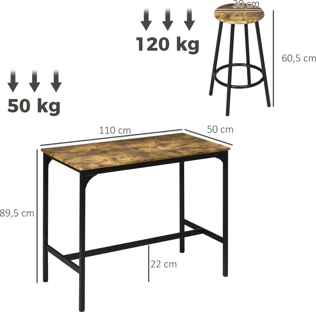 Conjunto de Móveis Altos de Bar com 5 Peças Mesa de Refeição Industrial e 4 Bancos Redondos Castanho Rústico e Preto