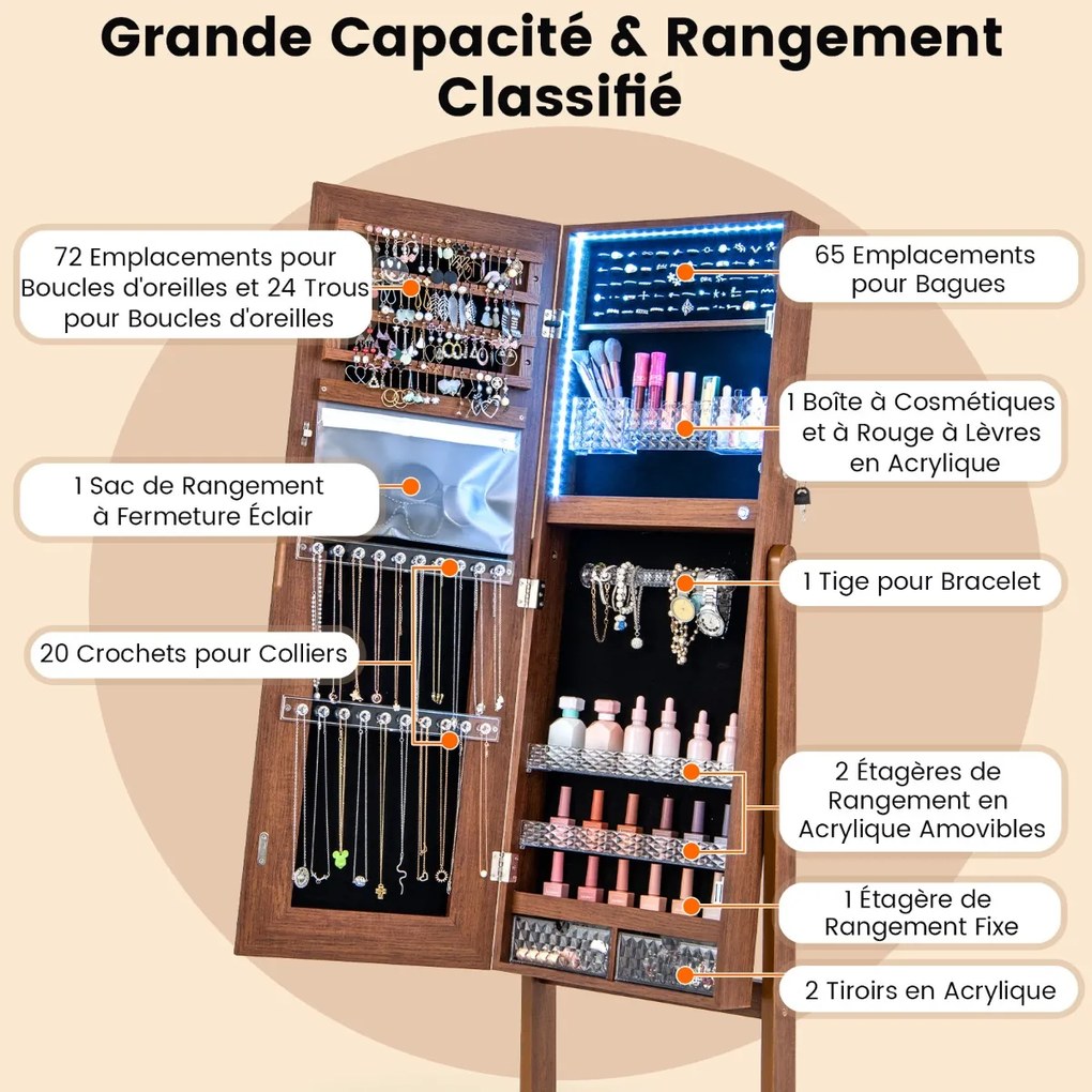 Armário para joias com espelho e iluminação LED de 3 cores, prateleira para joias, estilo rústico, marrom