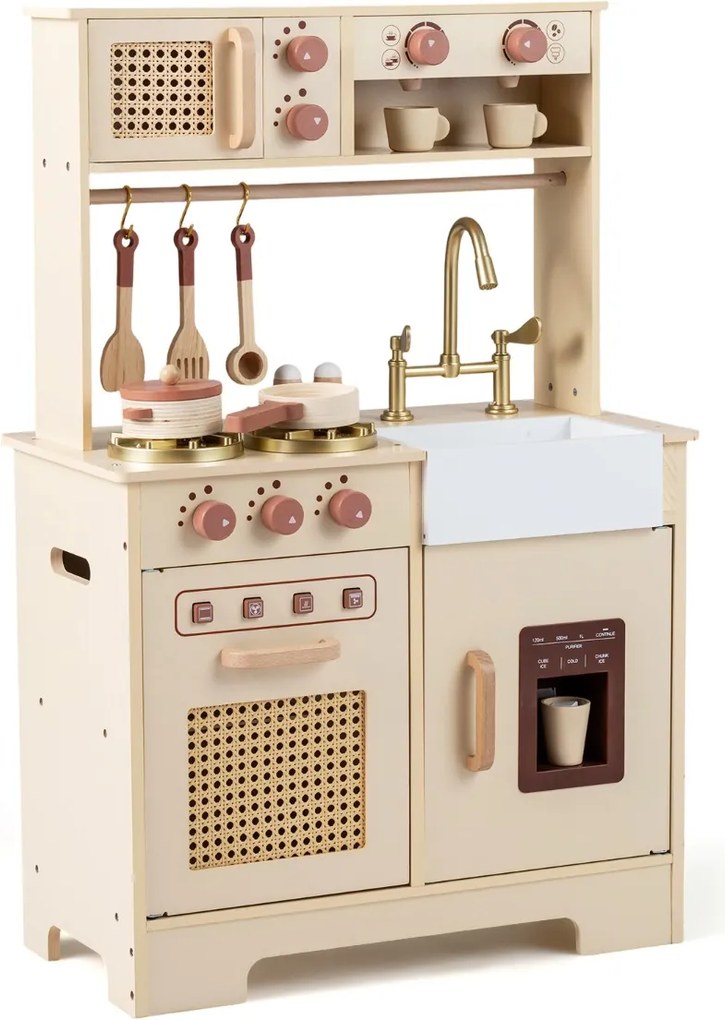 Cozinha de brincar em madeira 60 x 30 x 91 cm para crianças com luzes, sons, fogão, máquina de gelo, cafeteira, lava-loiça e portas em rattan – a part