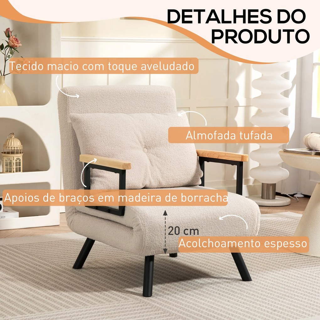 Poltrona Convertível em Cama Poltrona 3 em 1 Convertível em Cama com Encosto Ajustável em 5 Níveis 63x73x81 cm Bege