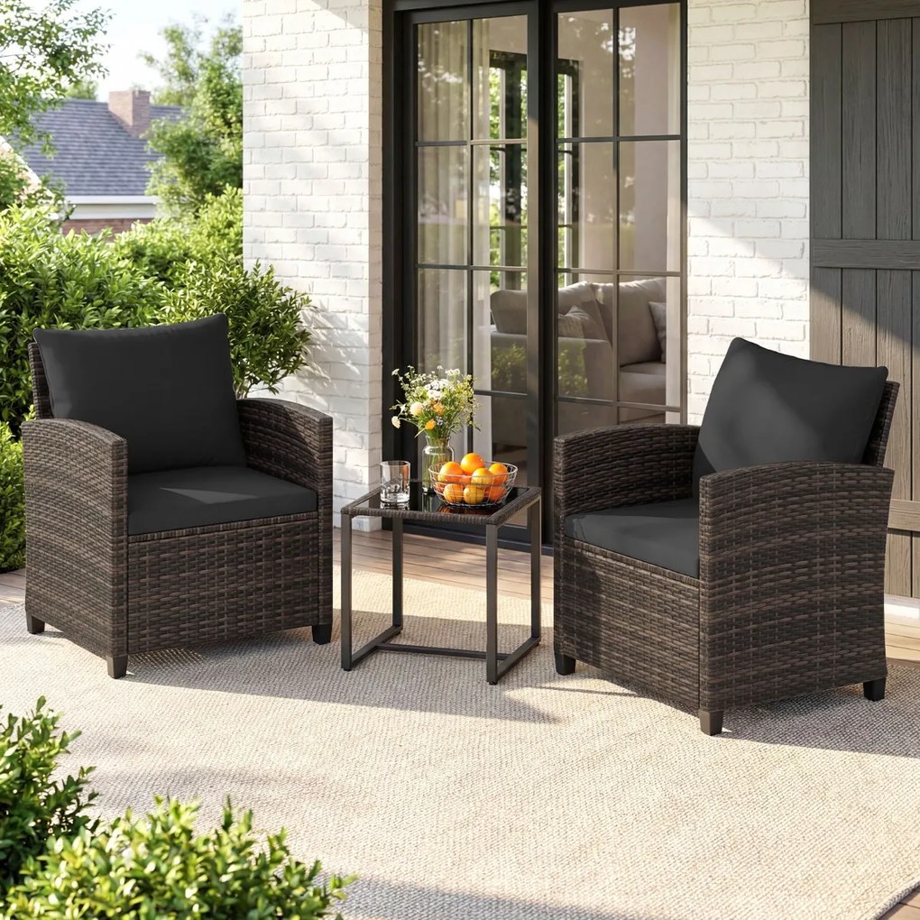 Conjunto de 3 móveis de rattan para jardim, com 2 cadeiras, mesa de vidro e almofadas pretas com capas removíveis, para jardim, terraço ou piscina Cas