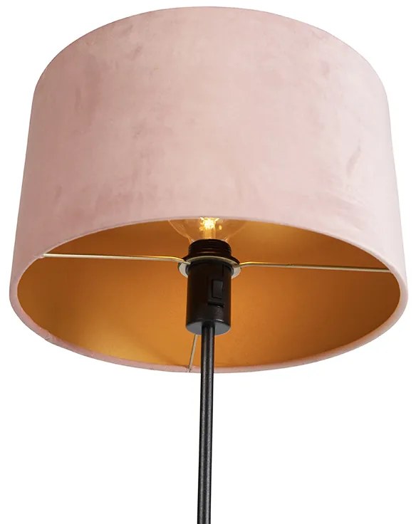 Candeeiro de pé preto com abajur em veludo rosa com dourado 35 cm - Parte Country / Rústico