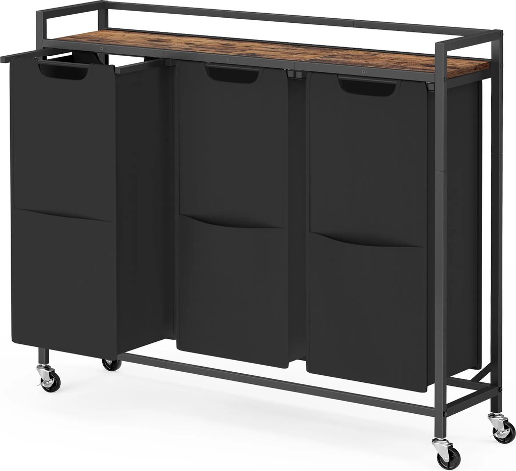 Carrinho de roupa com 3 compartimentos 93 x 32 x 93 cm, sacos de roupa removíveis, prateleira para arrumação preto-castanho