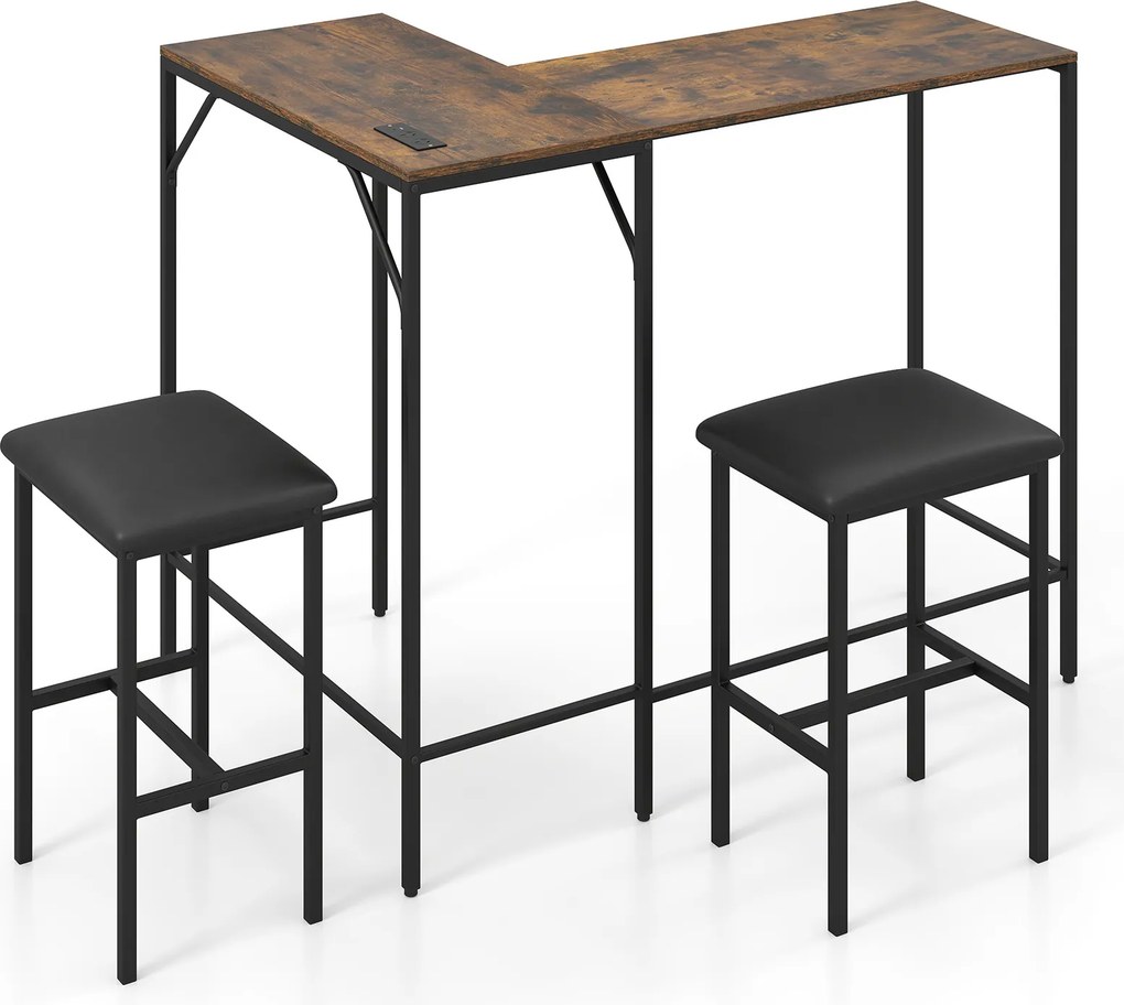 Conjunto de Mesa de Bar e 2 Cadeiras, 120 x 80 x 98 cm, Estação de Carregamento Integrada, Castanho