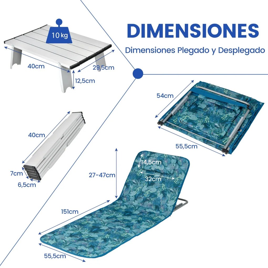 Conjunto de 2 espreguiçadeiras de praia dobráveis Tapetes de praia com mesa portáteis para a praia, jardim, campismo Verde