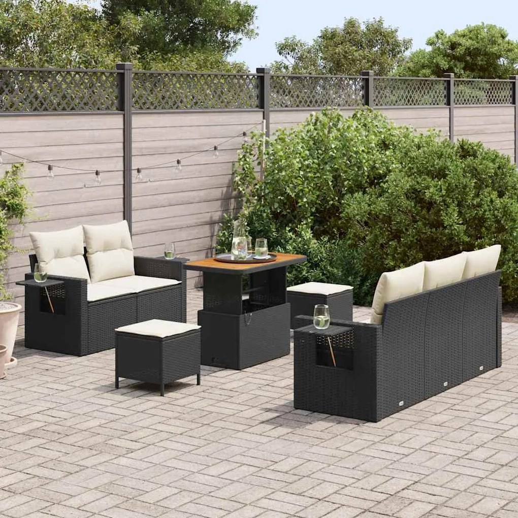 Conjunto de Sofá de Jardim de 8 Peças com Almofadas Pretas em Rattan P