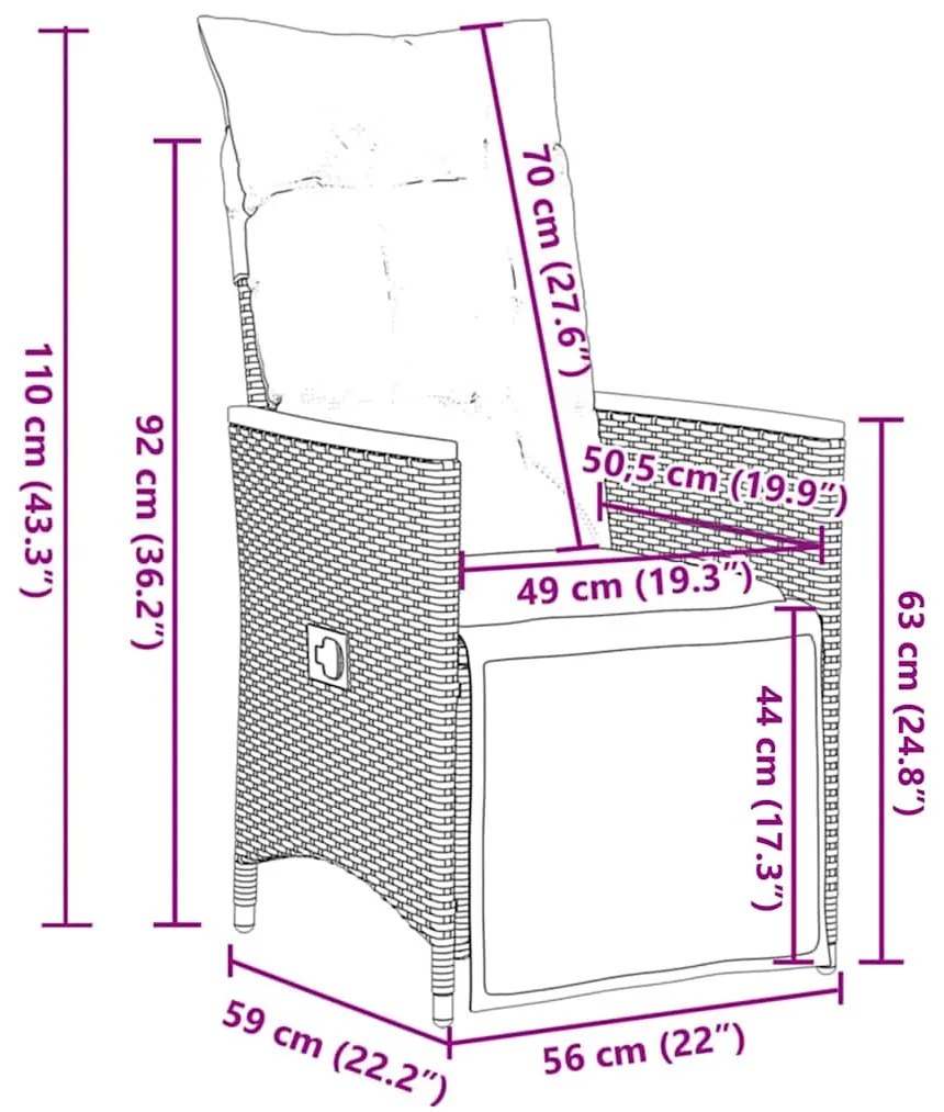 Cadeiras jardim reclináveis 2 pcs c/ almofadões vime PE cinza