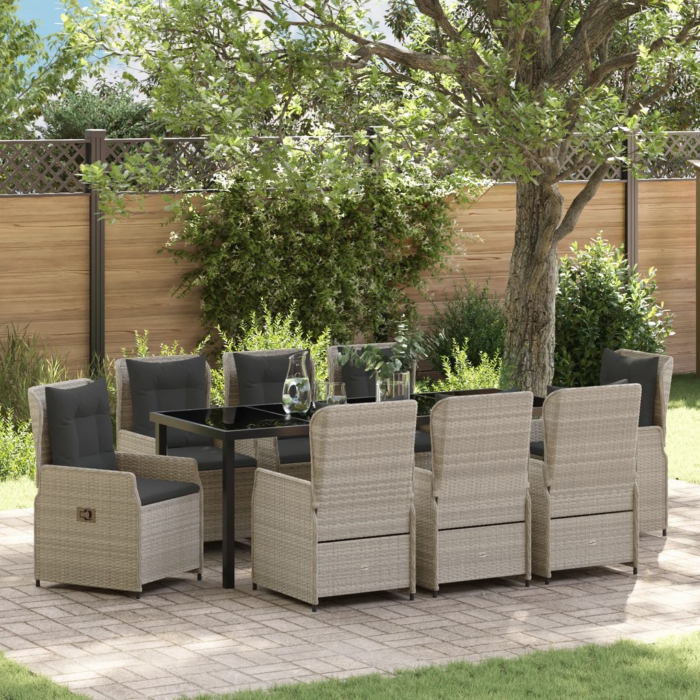 Conjunto de Jantar para Jardim vidaXL 9 Peças Cinza Claro Rattan Poliéster