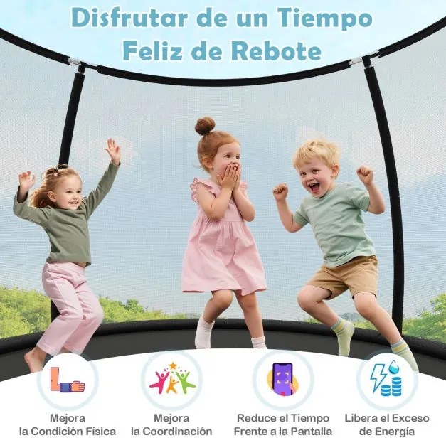 Trampolim exterior com escada Ø366 cm, para jardim com rede de segurança, cobertura de borda e estrutura metálica , preto.