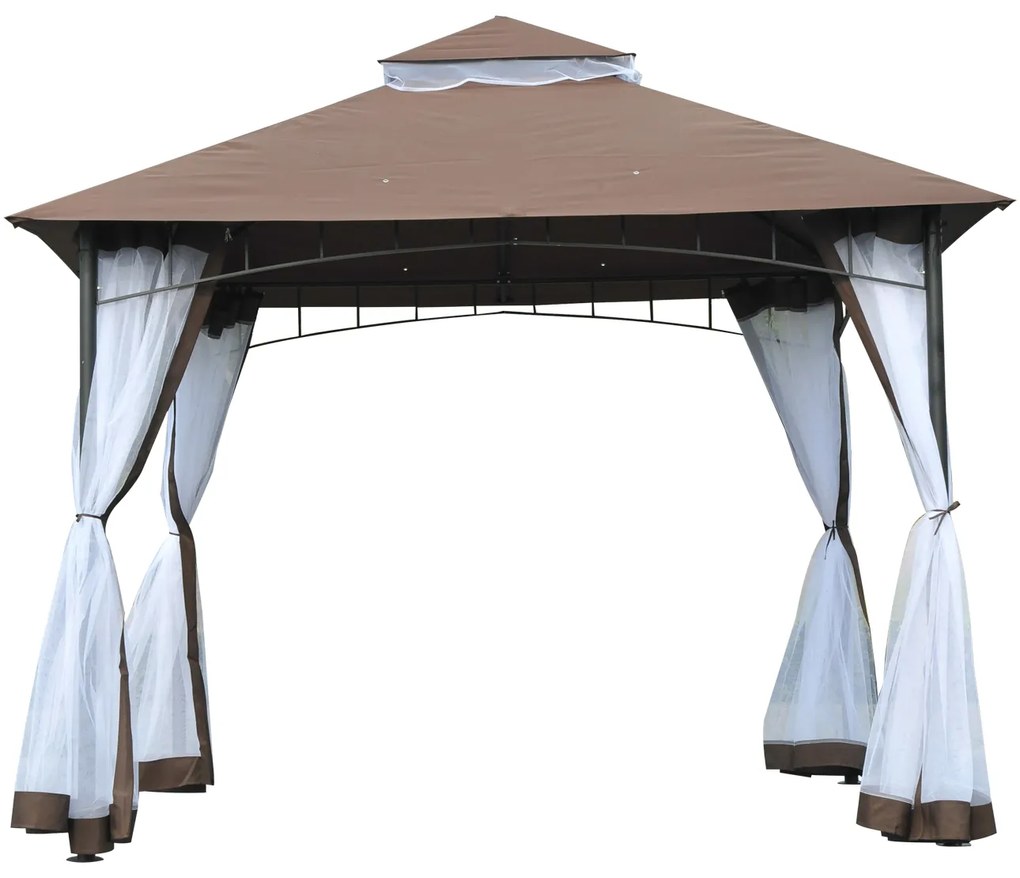 Pérgola de Jardim com Teto Duplo e Rede Mosquiteira com Fecho 295x295x270 cm Castanho e Branco